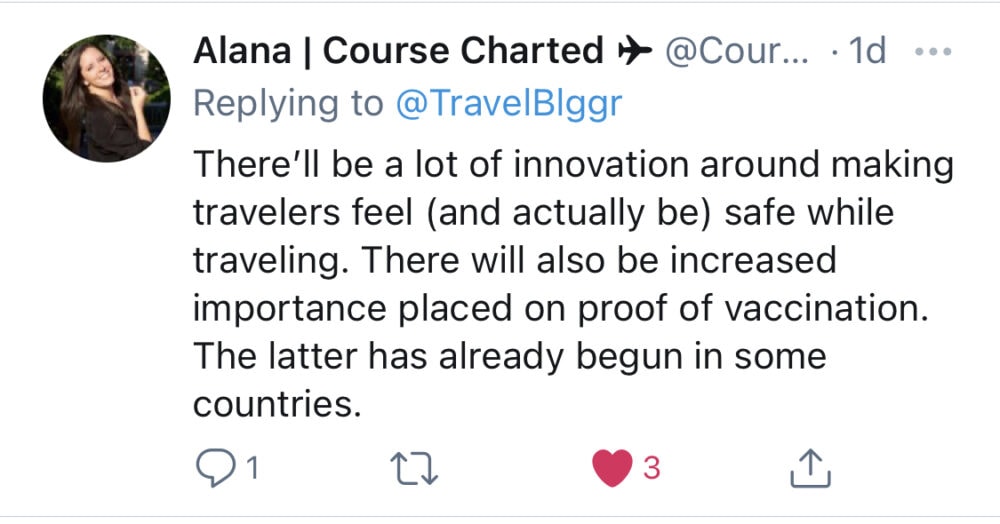 Screenshot of Course Charted tweet: “There’ll be a lot of innovation around making travelers feel (and actually be) safe while traveling…”