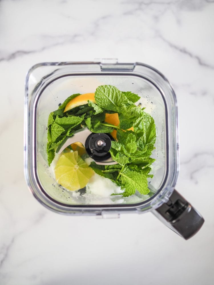 Overhead shot showing all ingredients in a blender.