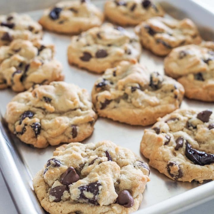 Sheet pan with baked cherry chocolate chip cookies