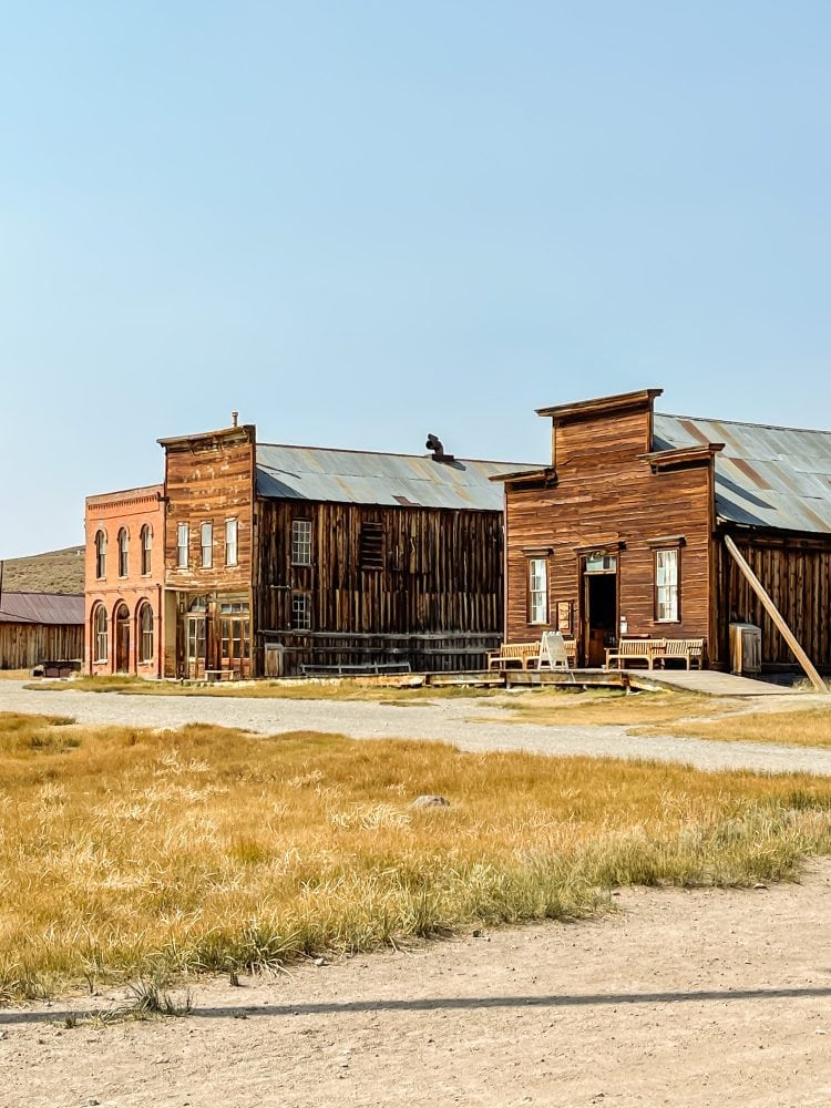 View of several buildings and street in Bodie.