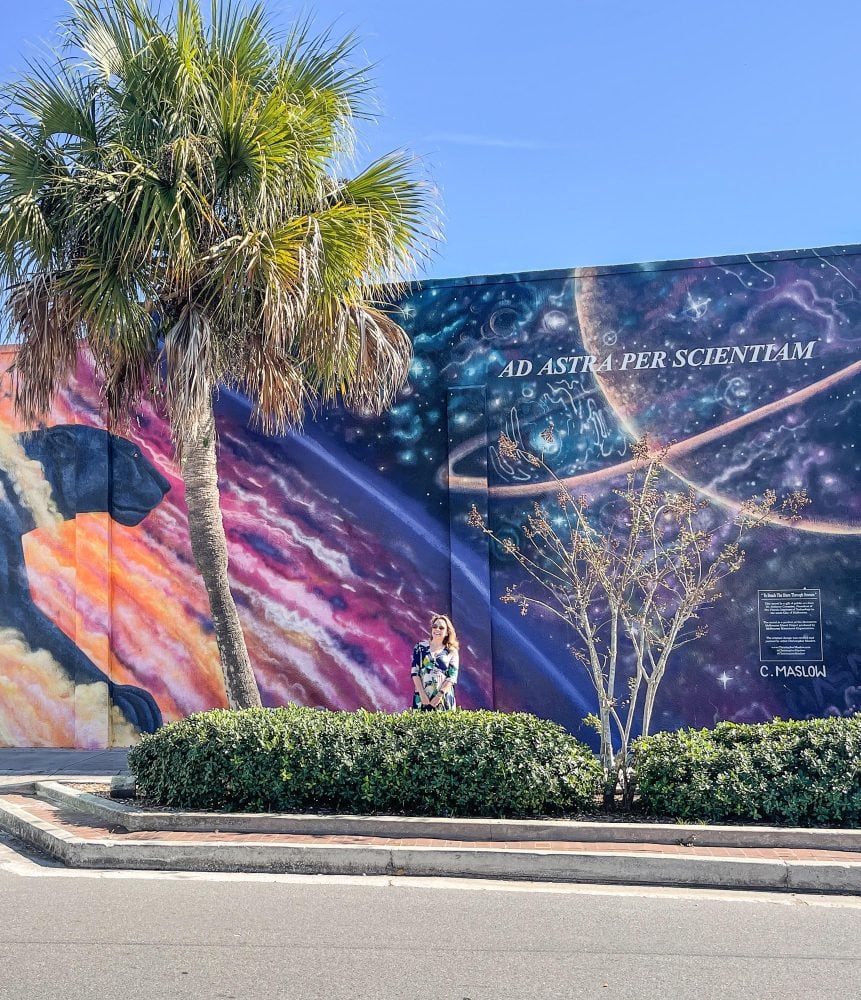 Rachelle standing next to palm tree in front of purple and pink space themed mural of a planet with a black panther. 