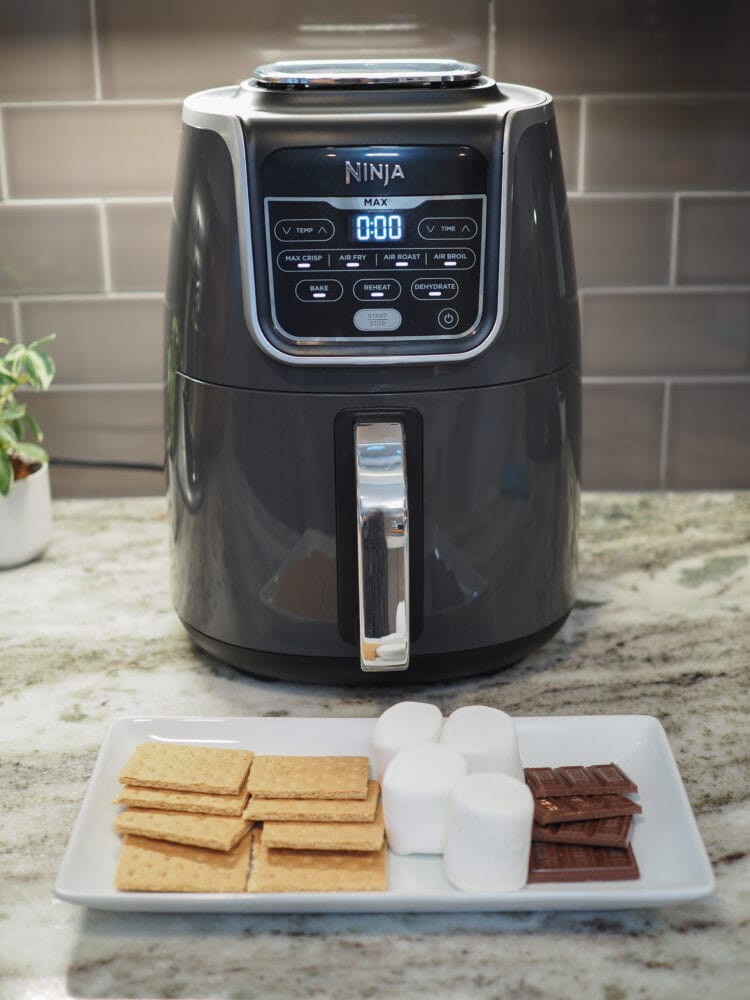 Ninja XL Air fryer with a plate of s'mores ingredients in front of it.