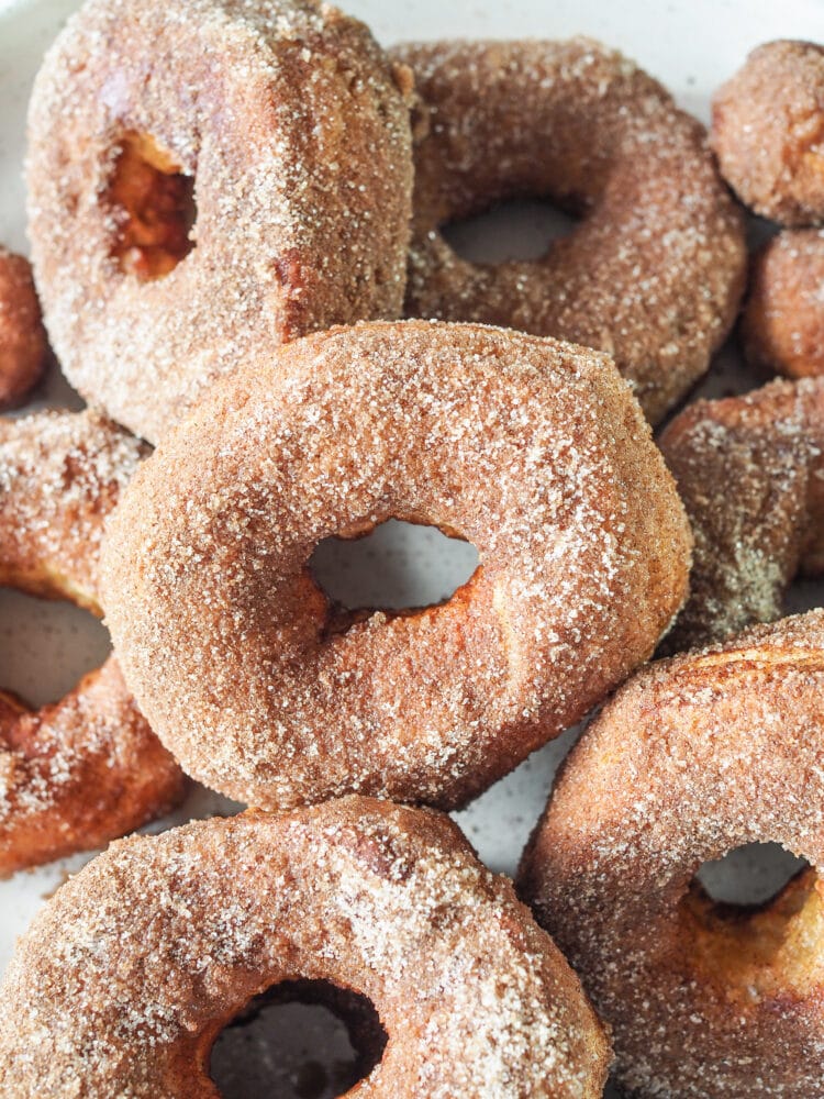 Close up of air fried donuts.