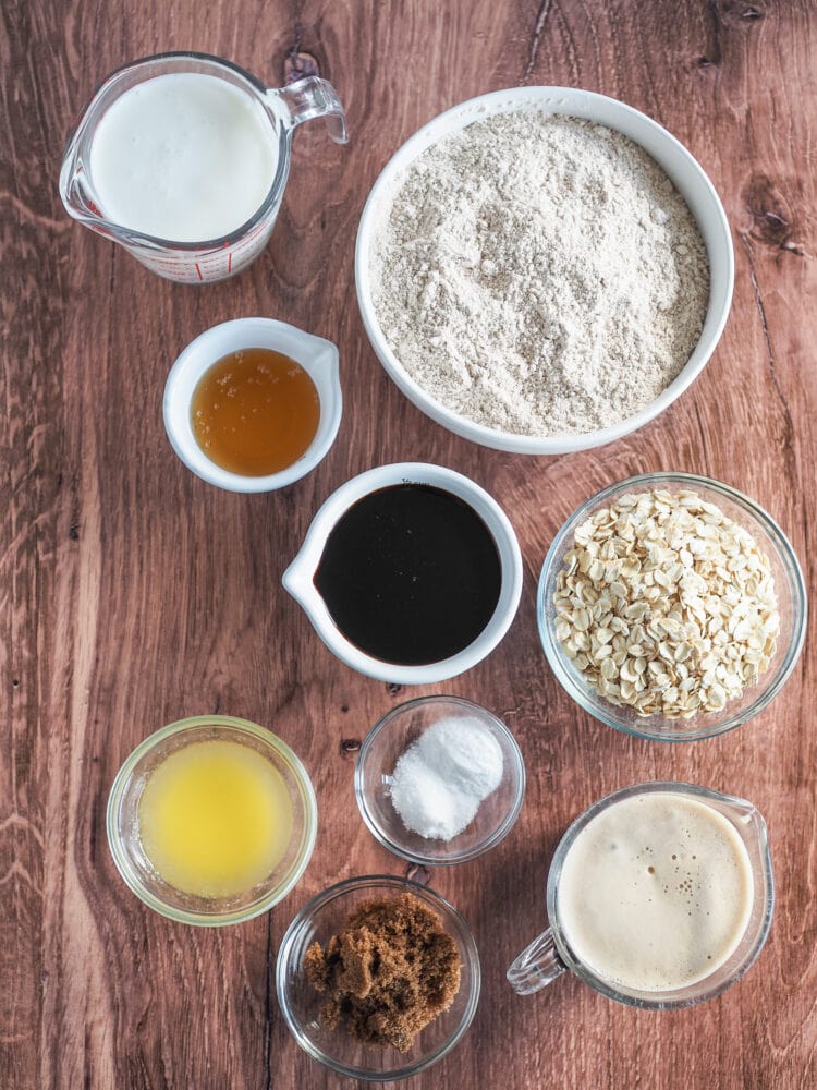 ingredients for making Irish brown bread on brown wood table