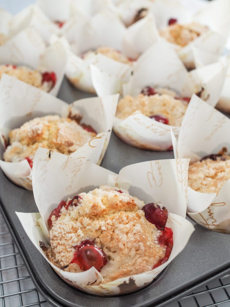 Side view of Cranberry orange muffins in paper tulip cups in a muffin tin cooling on a cooling rack.