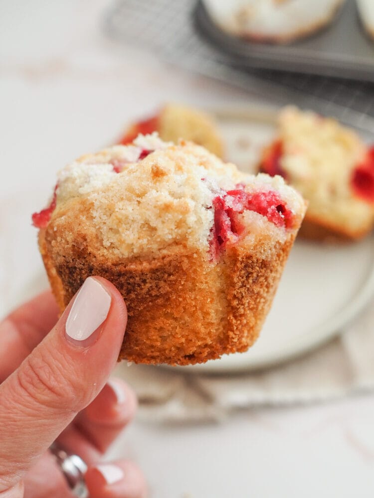 Hand holding up whole cranberry orange muffin with paper cup removed and it looks delicious