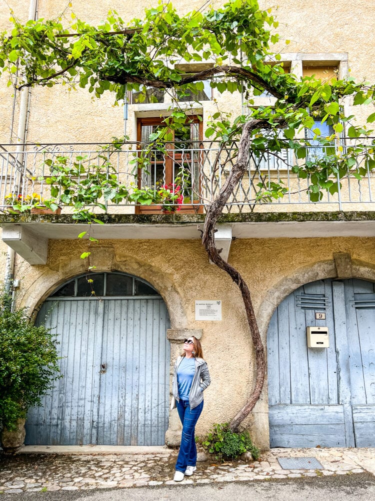 Rachelle standing in front of light blue carriage doors and a tall grape vine growing to a second story balcony in the village of Vogüé, France.