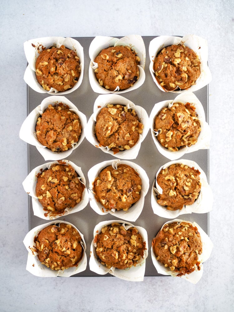 Banana nut muffins in a 12 muffin muffin tin fresh out of the oven. The tops of the muffins are toasted and covered in walnuts.