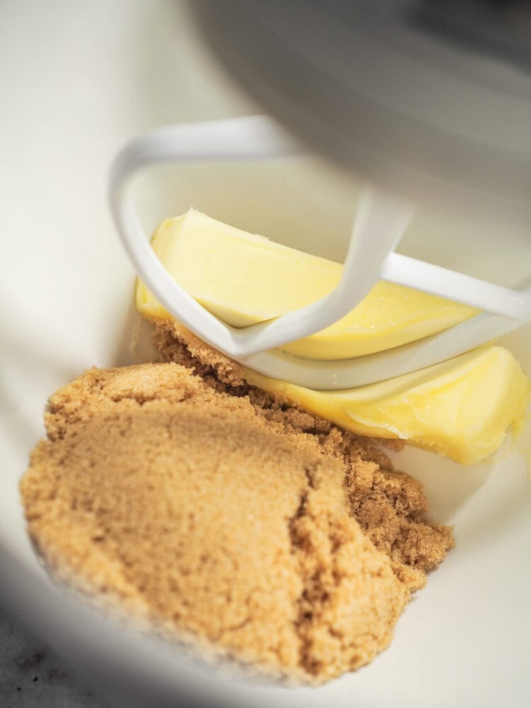 brown sugar and butter in a stand mixer bowl