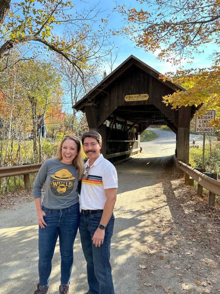 Rachelle and Pete in front of Emily's Bridge in Stowe, VT.