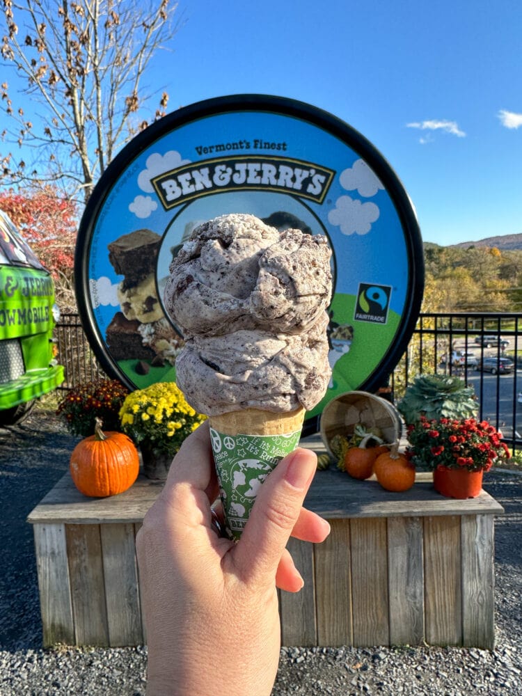 Double scoop of ice cream in a cone outside of Ben & Jerry's
