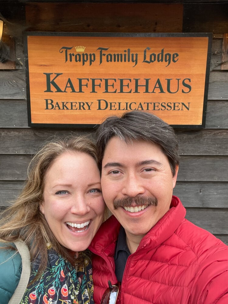 Rachelle and Pete outside of Trapp Family Lodge bakery and delicatessen.