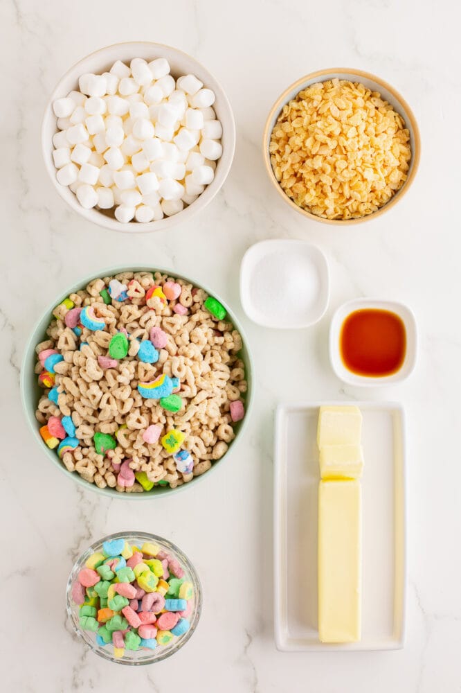 Ingredients for lucky charms rice krispie treats including: unsalted butter miniature marshmallows vanilla extract salt Lucky Charms cereal Rice Krispie cereal marshmallow charms