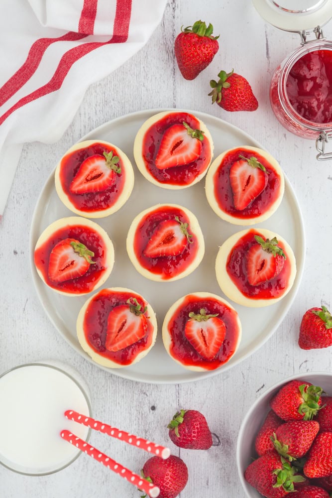 overhead look at plate of mini cheesecake bites