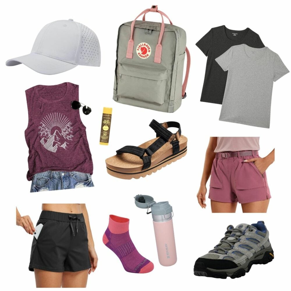Hiking clothes, hats and shoes for summer travel.