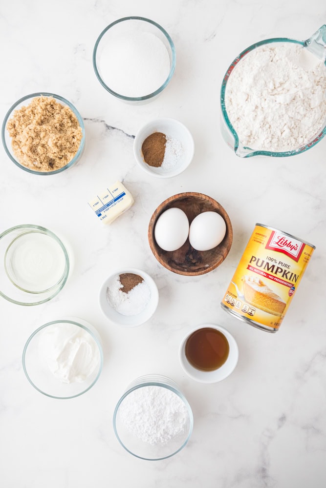 Ingredients to make pumpkin coffee cake pre measured into bowls