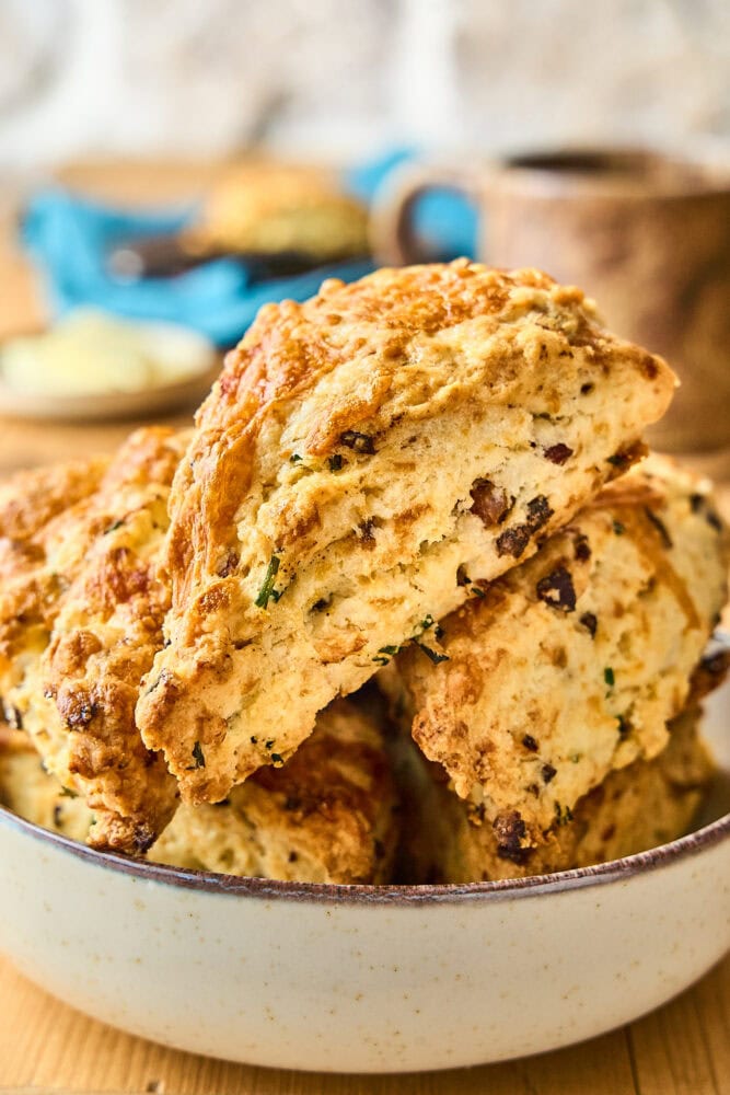 bacon cheddar scones in a bowl