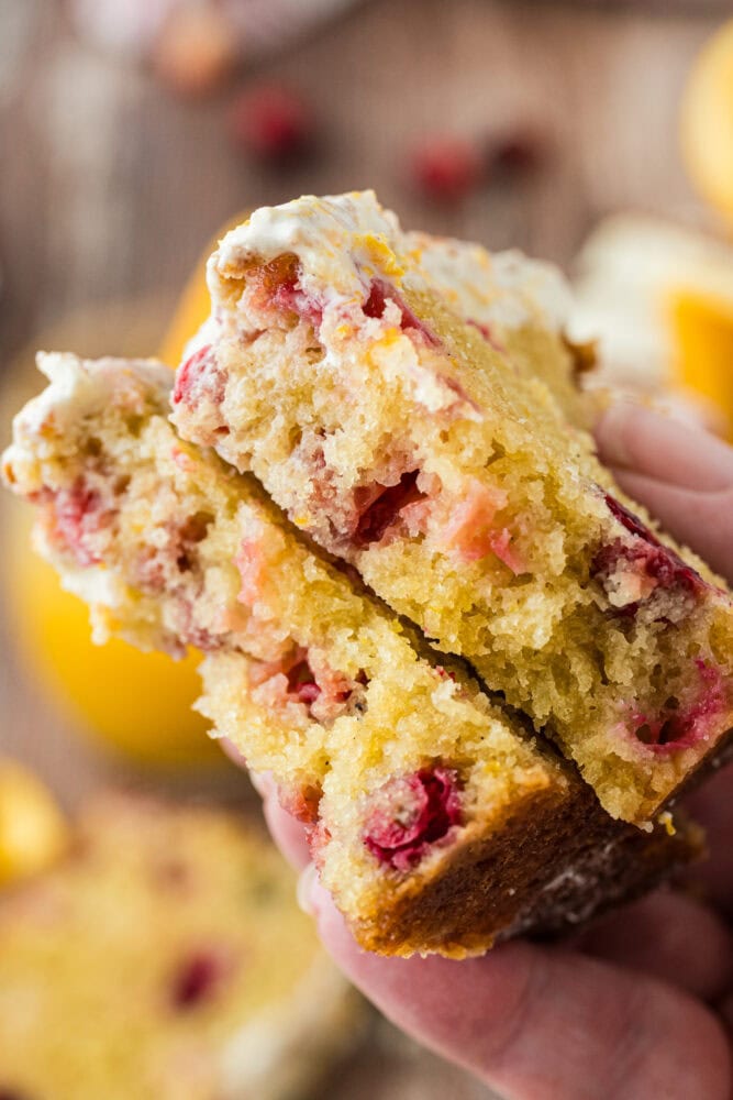 close up of two small bites of cranberry orange loaf