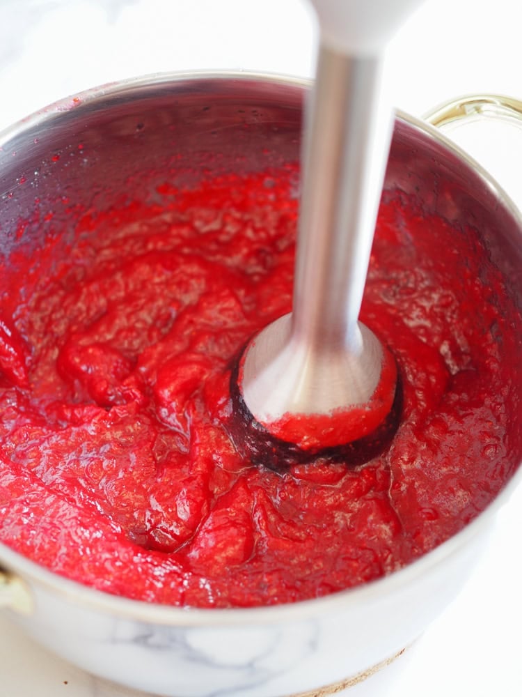 Blending cranberry sauce with immersion blender