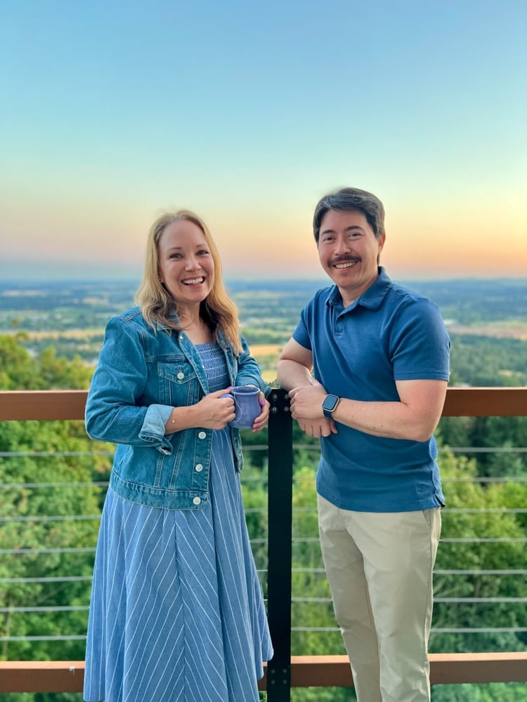 Rachelle and Pete on a balcony overlooking Willamette Valley