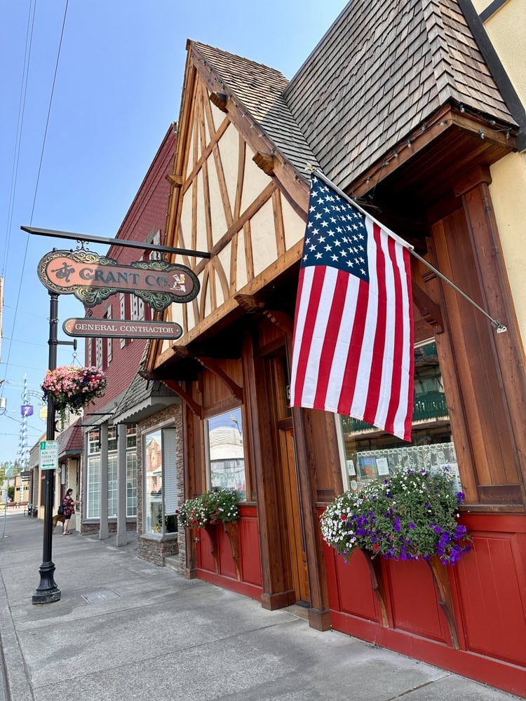 Mt Angel architecture and American flag