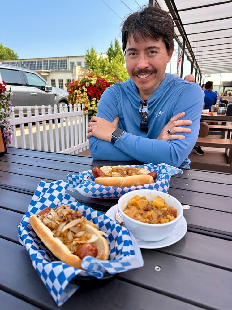 Pete with German food at Mt Angel