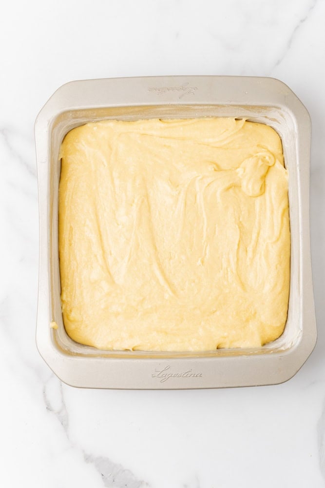 cake batter in square pan