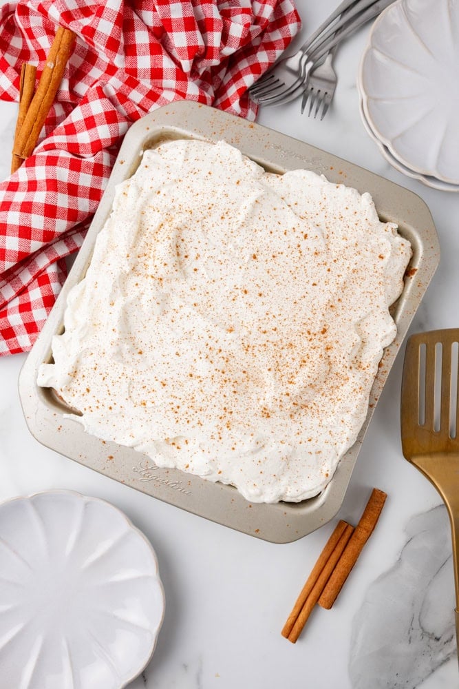 Coquito Tres Leches Cake in pan