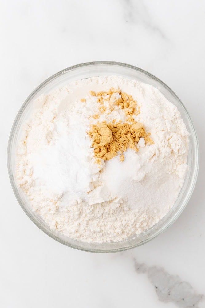 dry ingredients to make welsh gingerbread in glass bowl