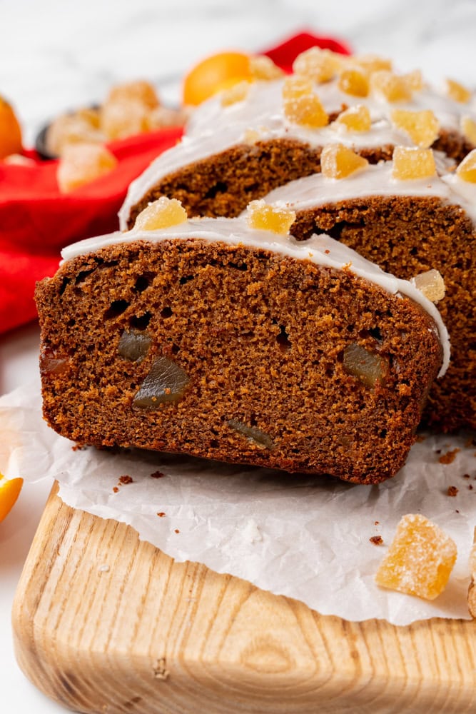 sliced gingerbread loaf with candied ginger