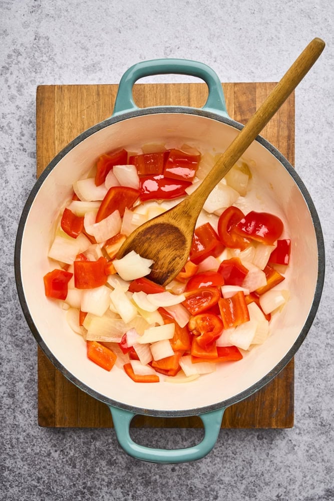 three step process of sautéing onions an pepper with curry powder