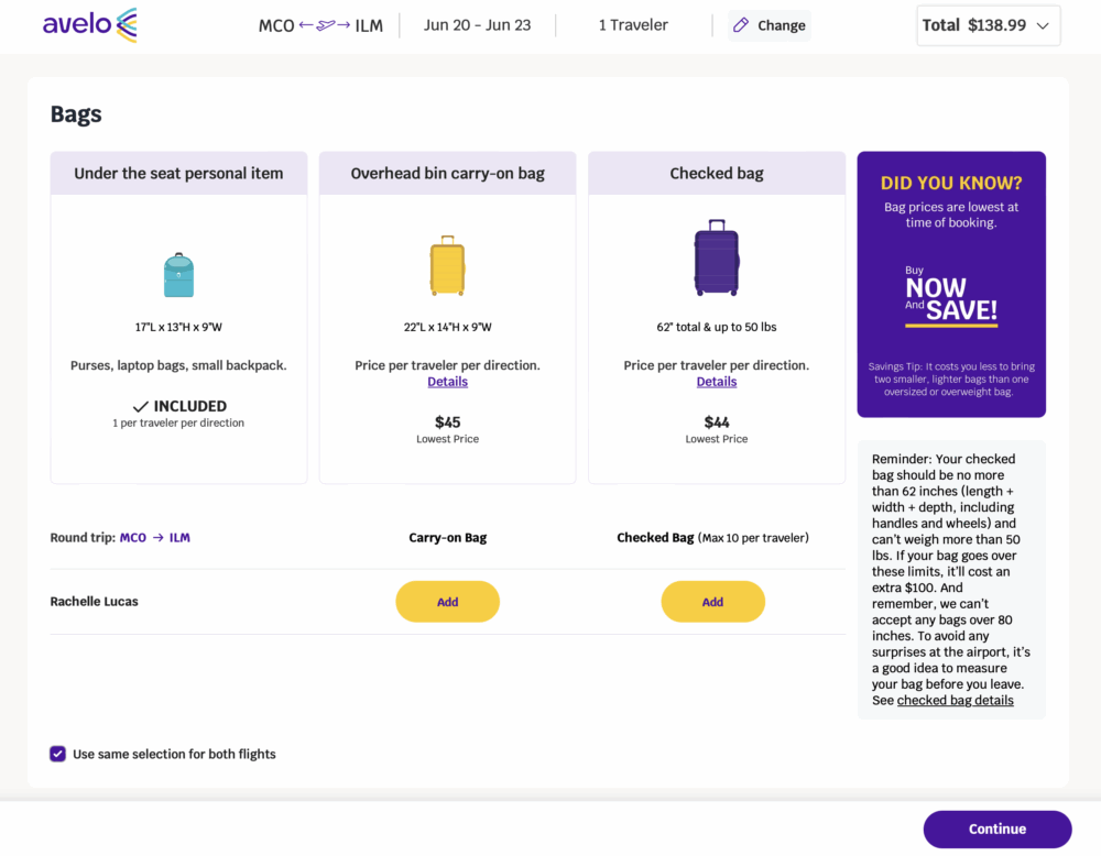 screenshot showing cost of baggage on my latest Avelo flight this past summer. A personal item was free, but an overhead bin carry-on was $45 each way, and a checked bag was $44.