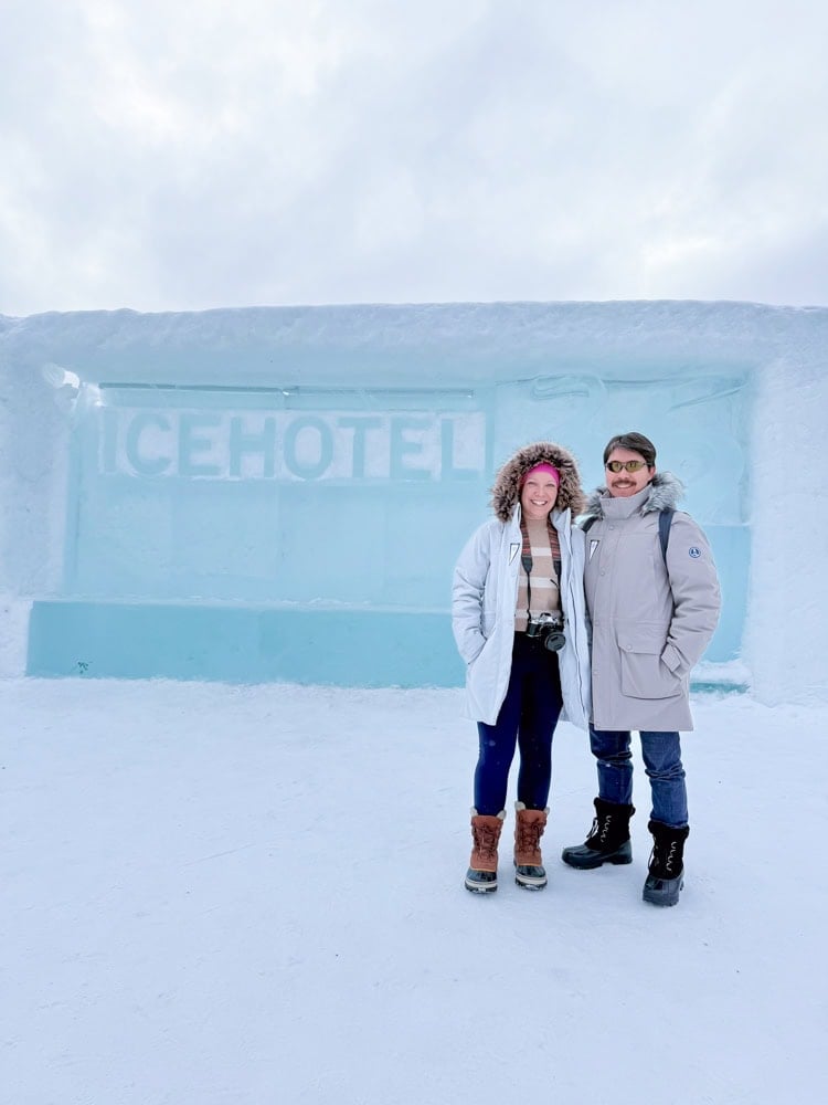 Rachelle and Pete outside of the Ice Hotel