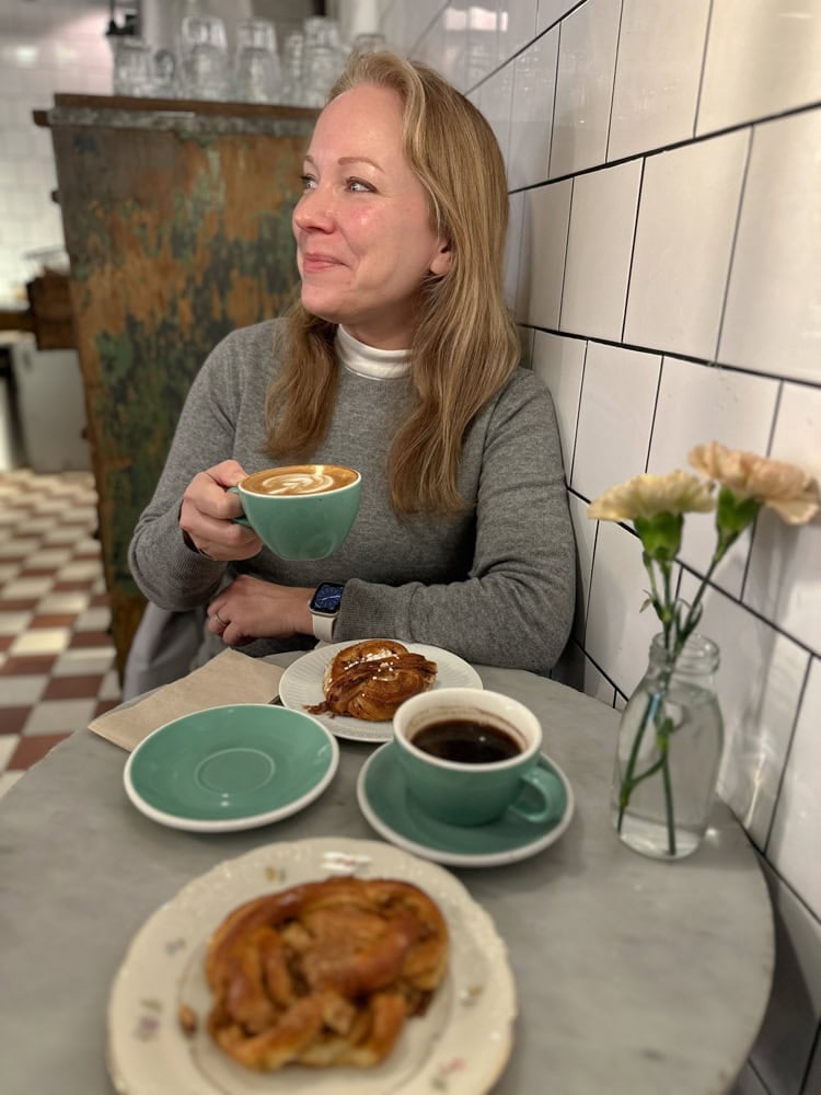 Rachelle enjoying fika in Sweden