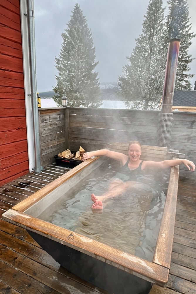 Rachelle in a hottub in a Swedish sauna