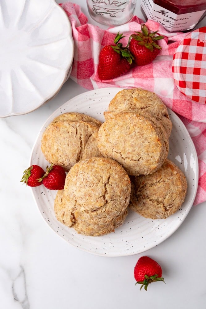 overhead look at plate of whole wheat biscuits