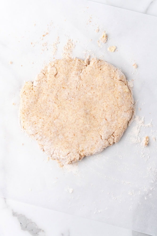 whole wheat biscuit dough rolled out 