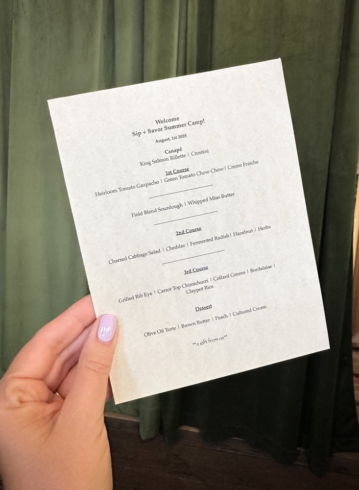 Sip + Savor Summer Camp menu at Alea