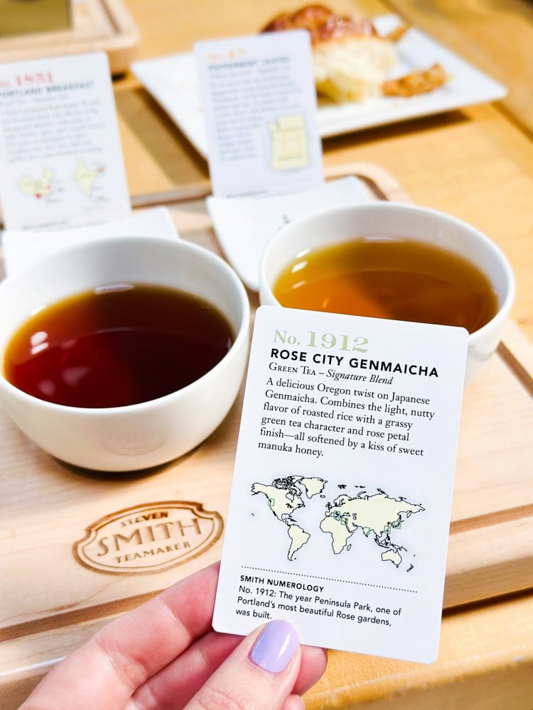Smith Teamaker: "Tea flight tasting at Smith Teamaker during a Willamette Valley retreat" showcasing flight including Rose City Genmaicha