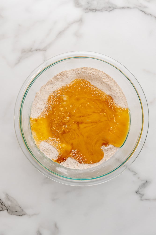 beaten eggs on flour before mixing.