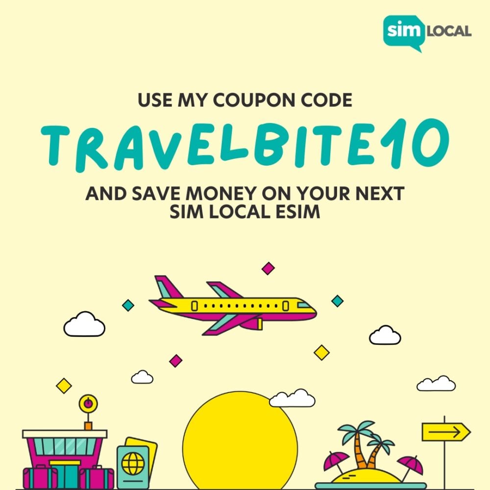 Sim Local coupon code graphic with an airplane showing the discount code of TRAVELBITE10 to save money on your next Sim Local Esim.