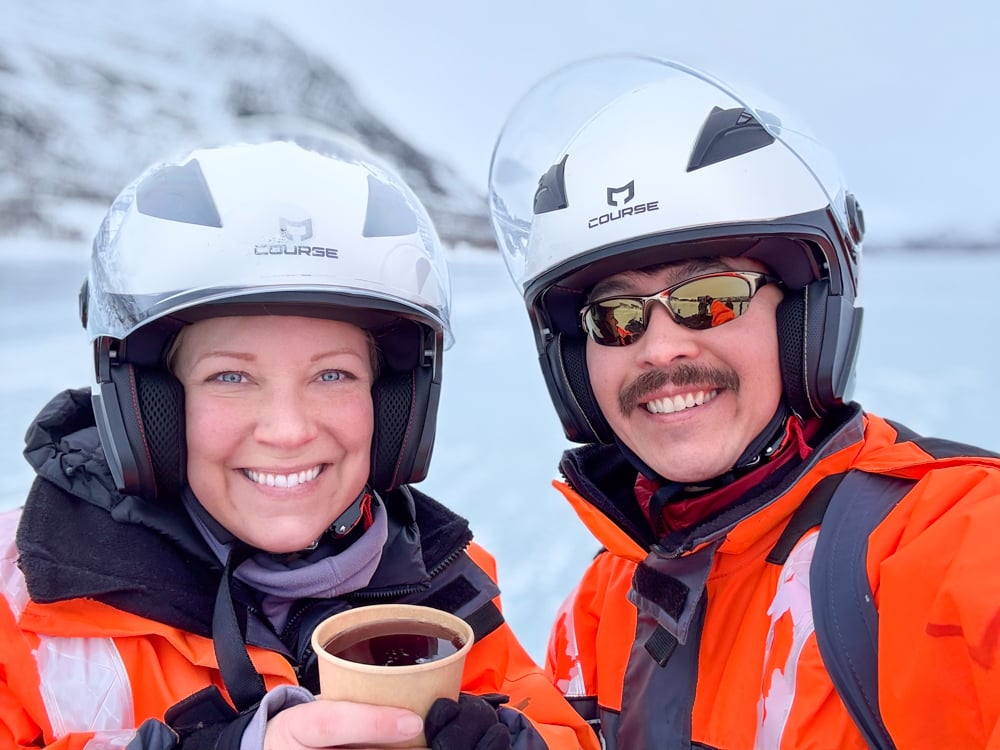 Rachelle and Pete enjoying Fika on a frozen lake
