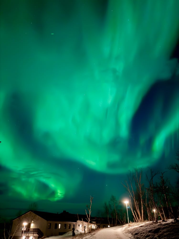 Greenish blue northern lights swirling in the sky above Abisko