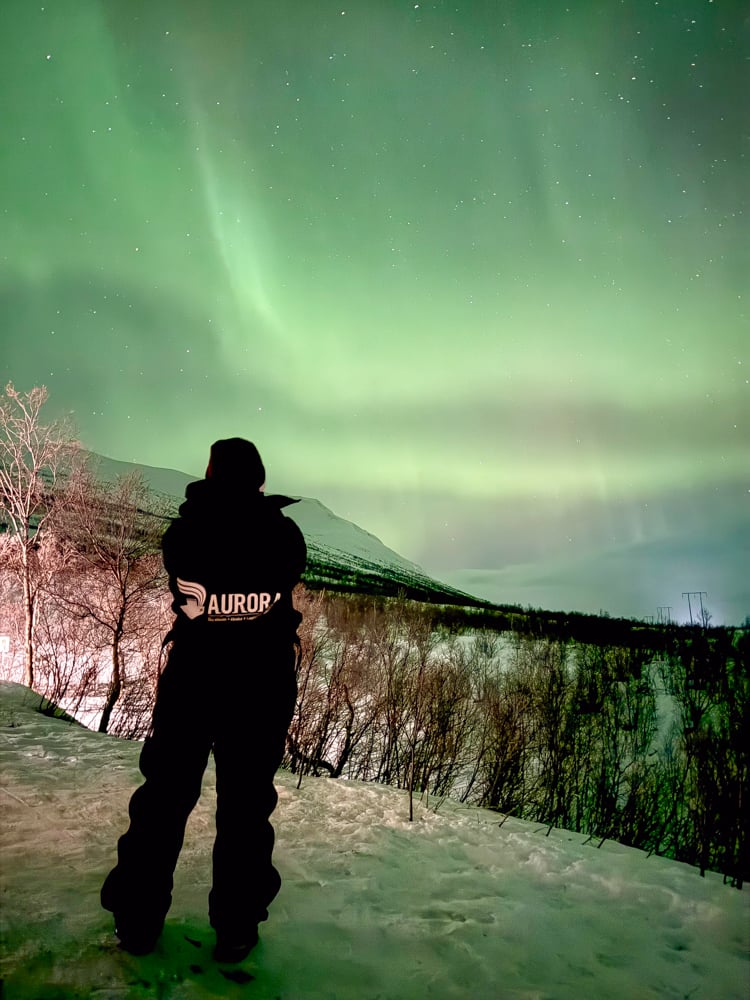 Rachelle standing in Aurora Sky Station suit looking out at the green aurora