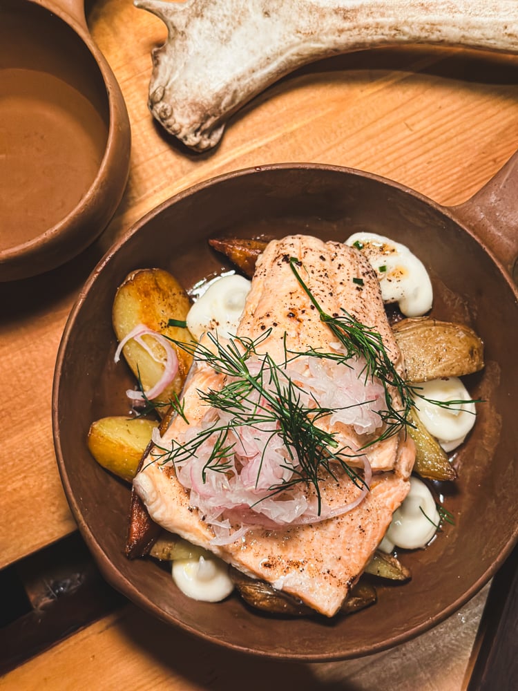 Arctic Char over fingerling potatoes at Ovttas restaurant in Kiruna.
