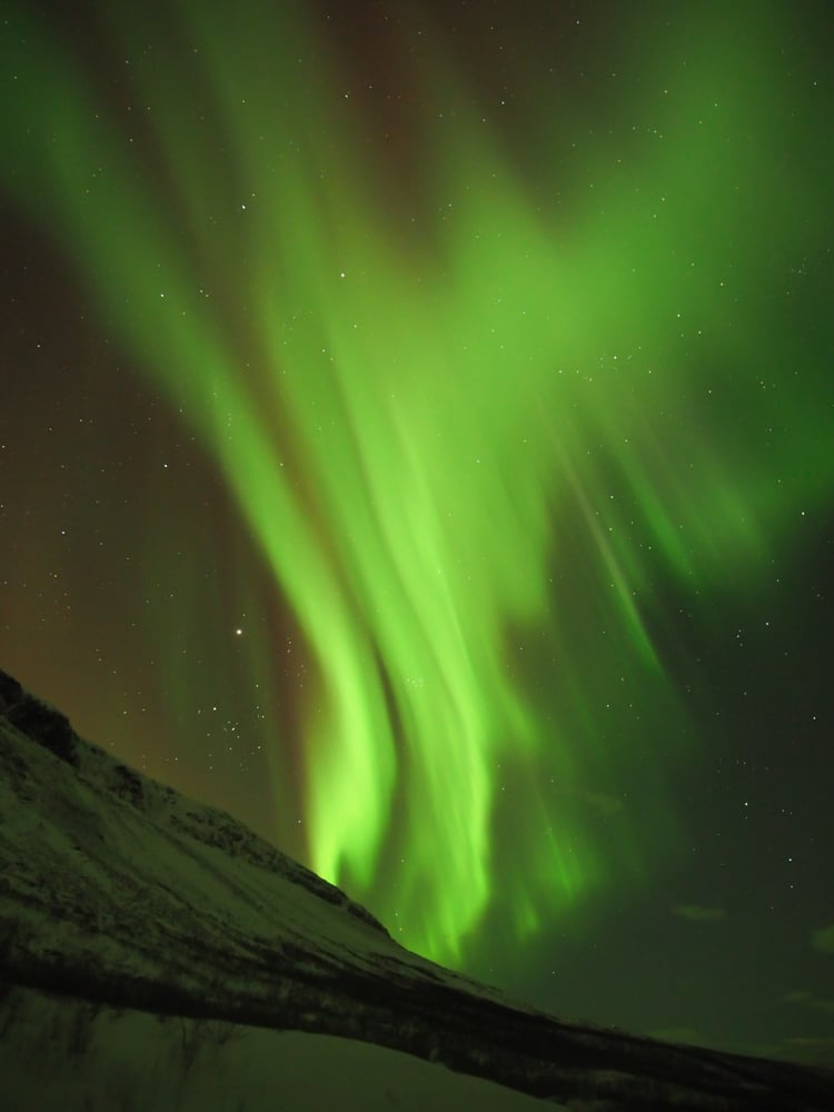 Neon green ribbons northern lights over a mountain