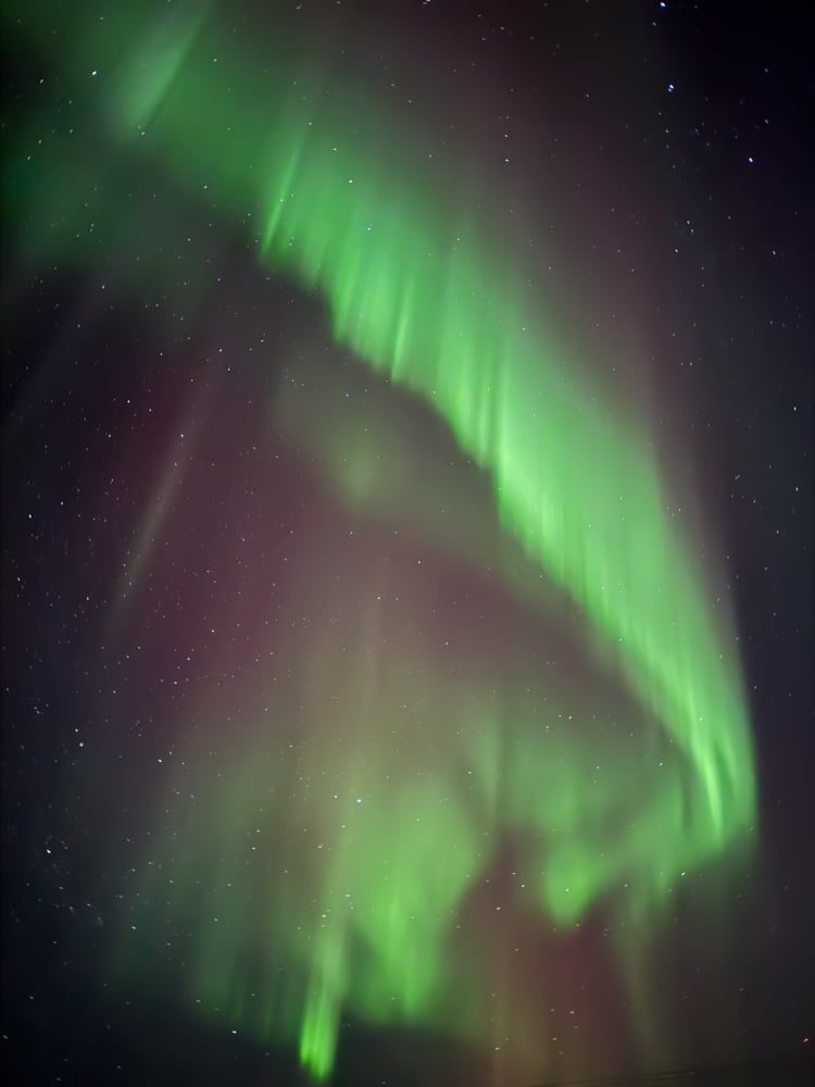 ribbons of bright green and red northern lights with a starry sky