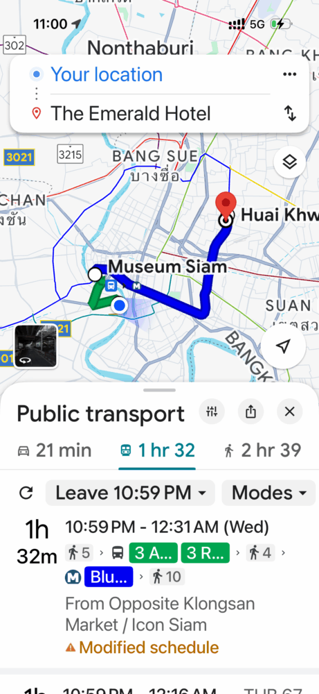 goodle directions to Museum Siam and Emerald Hotel in Bangkok