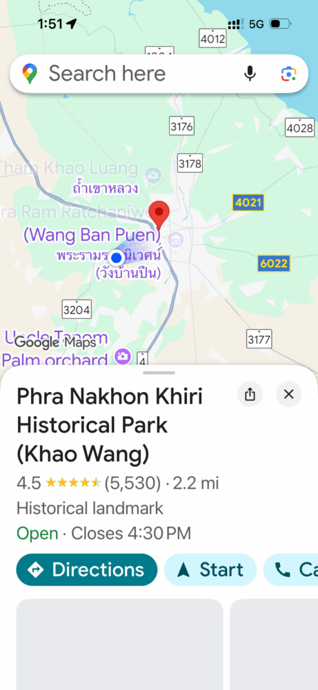 Screenshot of directions to Phra Nakhon Khiri Park in Thailand