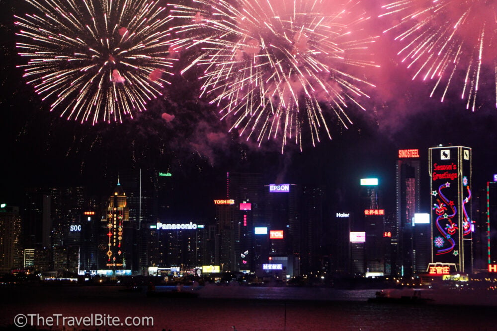 fireworks over Victoria Harbour during Chinese New Year In Hong Kong